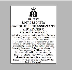Henley Royal Regatta - Badge Office Assistant (Short Term) 